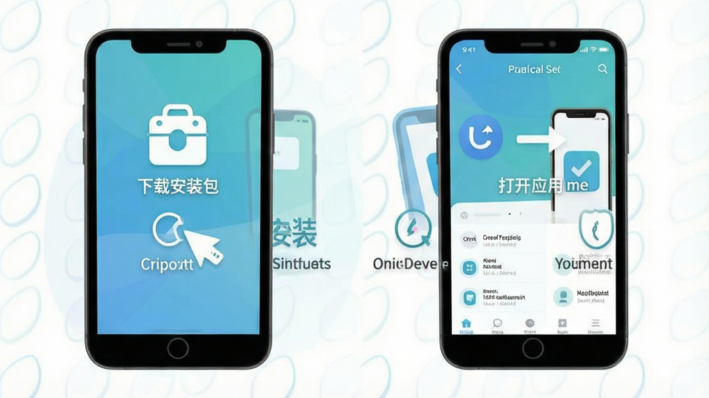 一张知世应用安装与使用步骤示意图,画面以手机屏幕为主体,分步骤展示下载安装包、点击安装、打开应用、浏览首页四个环节,每个步骤配简洁图标与简短文字说明,整体风格扁平化,布局清晰,配色清爽,画质干净,无多余元素