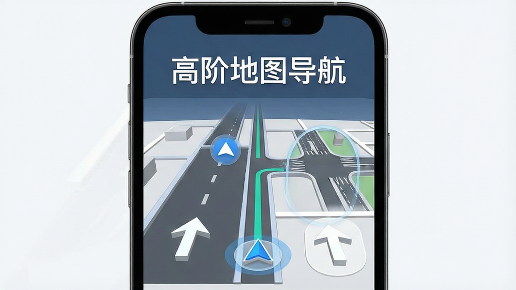 一张展示智能手机屏幕显示三维实景导航界面的图片,主体为手机居中放置,布局上方为软件名称