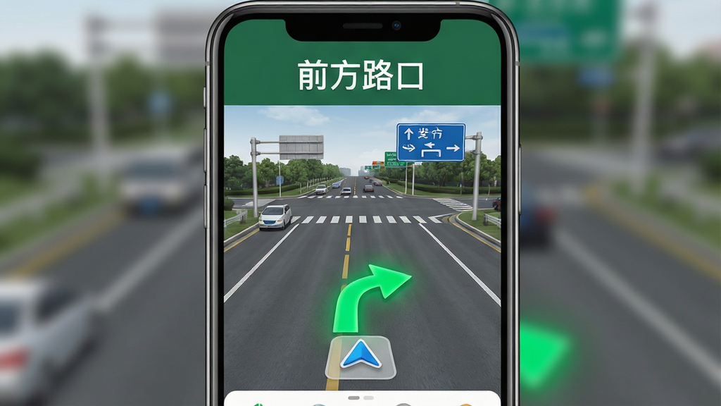 一张展示手机导航软件实景路口放大功能的界面截图风格图片,主体为手机屏幕中央显示实景道路与绿色转向箭头,布局为上下分层,上方为路口名称文字