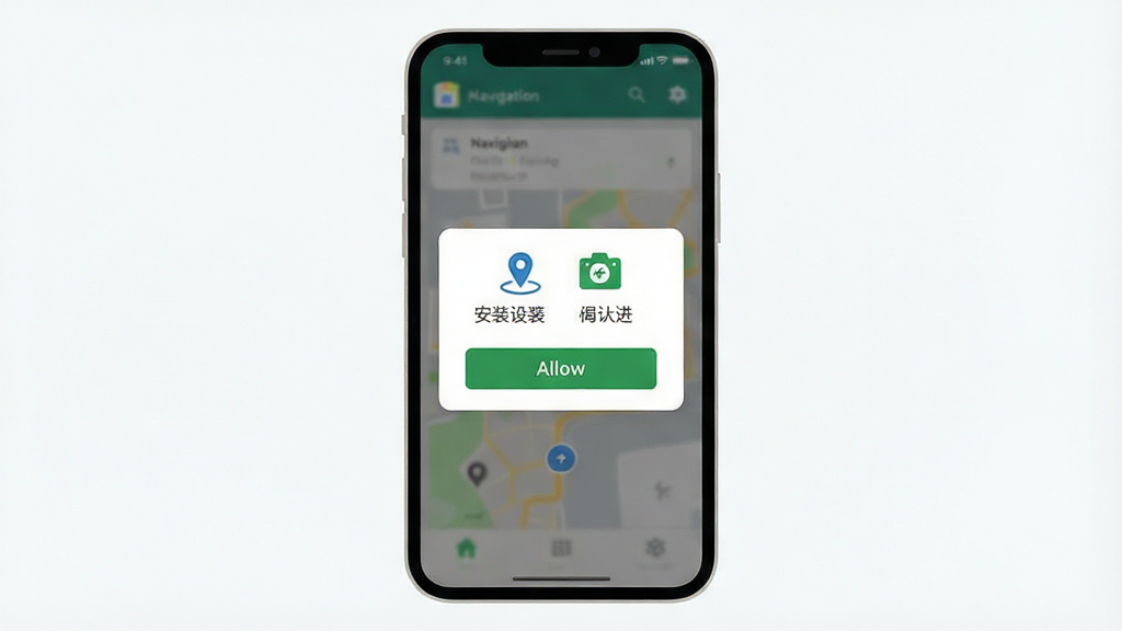 一张展示手机导航软件安装设置权限界面的示意图,主体为手机屏幕显示权限授权弹窗,布局为弹窗居中,排版清晰,风格为扁平化界面设计,细节包含定位图标、存储图标与允许按钮,画质清晰干净,无多余元素