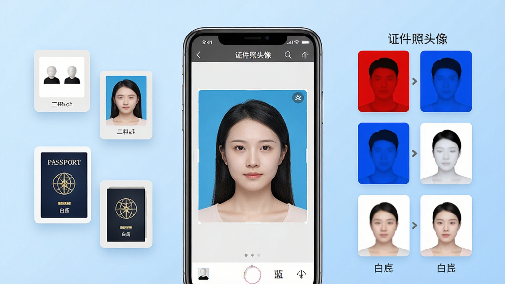 一张展示证件照头像软件核心功能的宣传图,画面中央是一部智能手机,屏幕上显示着证件照编辑界面,背景为浅蓝色渐变,左侧浮动着一寸、二寸、护照等尺寸模板卡片,右侧展示红底、蓝底、白底三种底色切换效果,风格简洁现代,细节清晰,画质干净,无多余元素,图片中文字为“证件照头像”