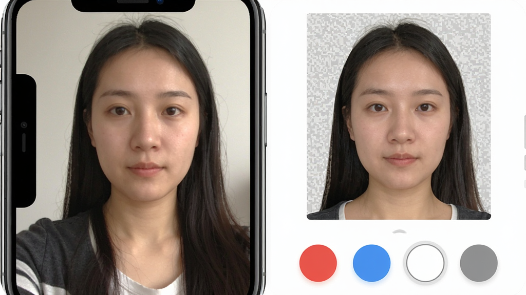 一张展示证件照头像软件智能抠图功能的界面截图,画面中手机屏幕左侧为原始自拍照片,右侧为抠图后的透明背景人像,下方排列着红色、蓝色、白色、灰色四个圆形底色按钮,界面风格清爽,细节清晰,画质干净,无多余元素,图片中文字为“证件照头像”