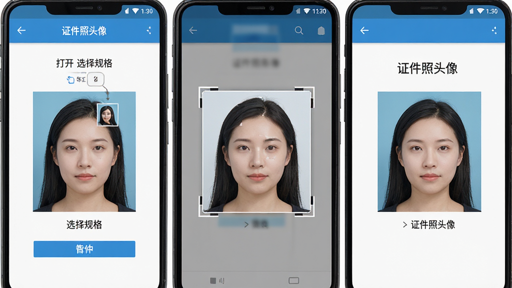 一张展示证件照头像软件在安卓手机上操作流程的示意图,画面分为三个步骤,第一步为打开软件选择规格,第二步为导入照片并智能抠图,第三步为导出保存证件照,界面风格简洁明了,细节清晰,画质干净,无多余元素,图片中文字为“证件照头像”