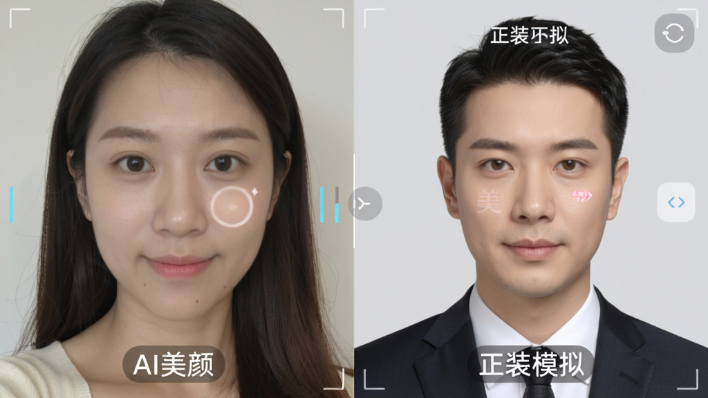 一张展示证件照头像软件美颜与正装功能的对比图,画面左侧为普通自拍照片,右侧为经过美颜并换上正装后的证件照效果,背景为浅灰色,界面中标注着“AI美颜”“正装模拟”字样,风格干净专业,细节清晰,画质优良,无多余元素