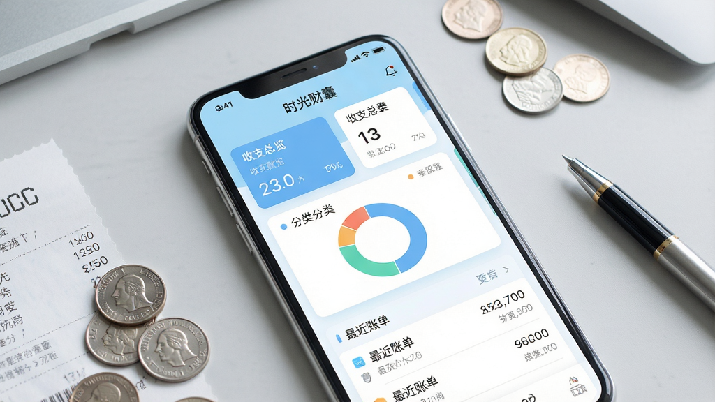 一张展示手机财务管理应用的场景图,画面中央是一部竖屏手机,屏幕内显示“时光财囊”应用主界面,包含收支总览卡片、环形分类图表和最近账单列表,界面配色为浅蓝与白色,风格简洁清新,手机周围散落着硬币、纸质小票和一支笔,背景为浅灰色桌面,光线柔和,画质清晰干净,无多余元素