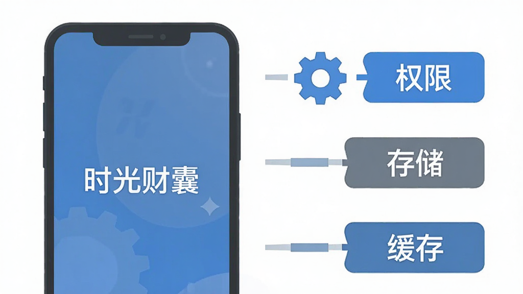 一张手机应用问题排查示意图,画面中手机屏幕显示“时光财囊”启动画面,旁边有齿轮图标和“权限”“存储”“缓存”三个标签,风格扁平化信息图,配色蓝灰为主,画质清晰干净