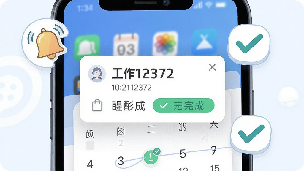 一张展示消息提醒功能的图片,画面为手机屏幕特写,屏幕上显示“工作12372”的提醒弹窗与日历标记,屏幕外有铃铛与对勾图标环绕,布局为居中构图,风格为清爽科技感插画,细节包括提醒时间标签与已完成标记,画质清晰干净,无杂乱背景元素
