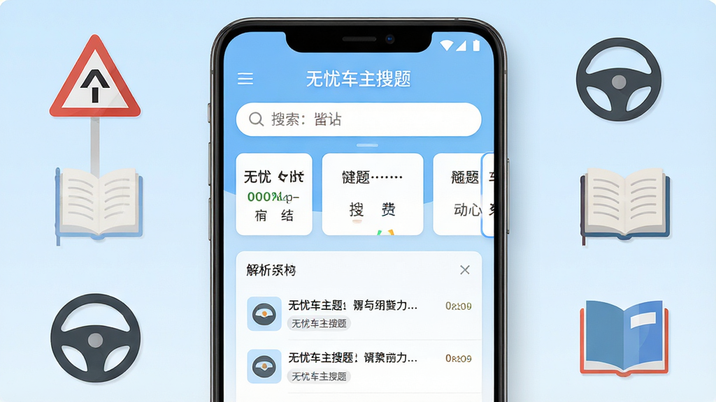 画面中央是一部竖屏安卓手机,手机屏幕上显示“无忧车主搜题”应用主界面,界面顶部为搜索框,下方为题目分类卡片与解析列表,背景为浅蓝色渐变,手机两侧点缀交通标志、方向盘、书本等扁平化图标,整体采用清新简洁的UI风格,布局居中对称,细节干净利落,画质清晰,无多余元素