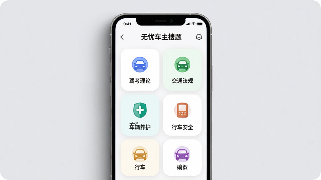手机屏幕展示“无忧车主搜题”的分类导航页面,界面上有驾考理论、交通法规、车辆养护、行车安全等分类卡片,卡片采用圆角设计并配有对应小图标,手机放置在浅灰色背景中央,四周有轻微阴影,整体风格清爽现代,布局规整,画质干净清晰