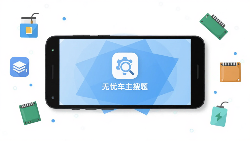 一部安卓手机正面平放,屏幕显示“无忧车主搜题”启动页,界面中央为软件图标与名称,背景为淡蓝色几何图形,手机周围有存储空间、内存条等抽象小图标环绕,整体风格扁平化科技感,布局简洁,画质干净明亮