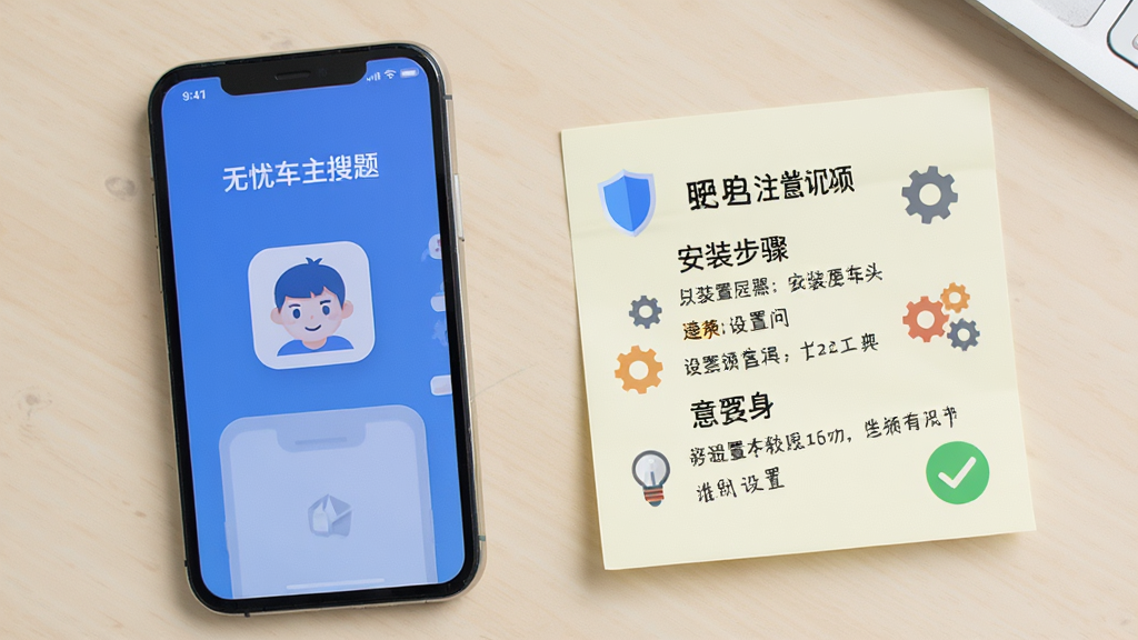 一部手机屏幕显示“无忧车主搜题”应用界面,旁边放置一张写有安装步骤与注意事项的便签纸,背景为浅色桌面,画面中加入盾牌、齿轮、对勾等扁平化小图标象征安全与设置,整体风格简洁实用,构图清晰,画质干净,无多余元素