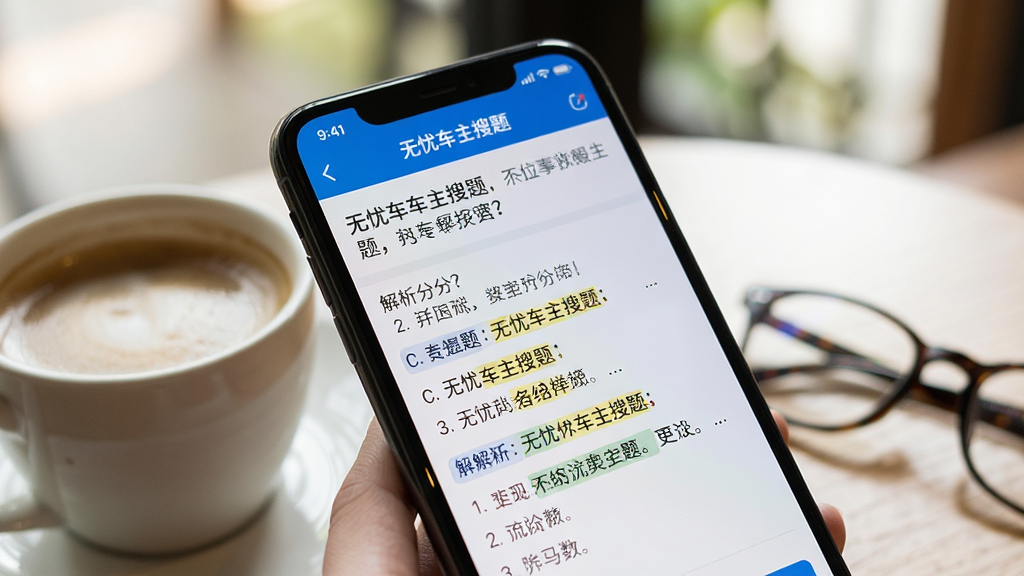 手机特写镜头,屏幕显示“无忧车主搜题”的题目解析详情页,上方为题目内容,下方为分点解析文字,重点词句用高亮色标出,手机旁有一杯咖啡和一副眼镜,背景虚化柔和,画面风格生活化,构图紧凑,画质清晰,无多余装饰