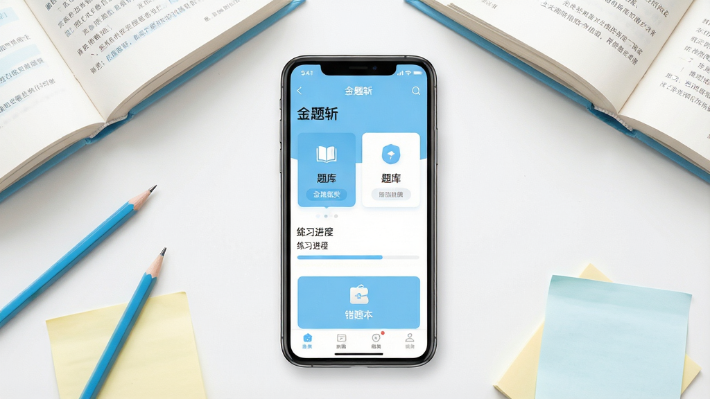 一张展示手机刷题应用界面的场景图,画面中央是一部竖屏智能手机,屏幕上显示“金题斩”应用首页,包含题库分类卡片、练习进度条和错题本入口,手机周围环绕着书本、铅笔和便签纸等学习元素,布局采用居中对称构图,整体风格清新简约,色彩以浅蓝和白色为主,细节上突出屏幕内的文字与图标清晰可见,画质干净明亮,无多余装饰元素