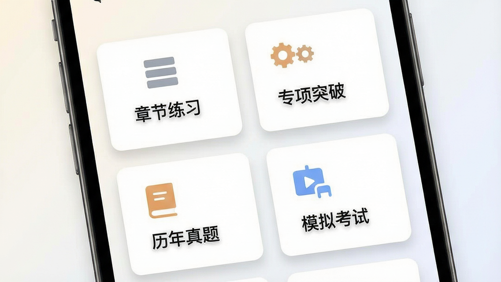 一张表现题库分类功能的界面示意图,画面主体为手机屏幕特写,屏幕上以卡片形式排列“章节练习”“专项突破”“历年真题”“模拟考试”等分类模块,每个卡片配有简洁图标,背景为浅色渐变,布局采用网格排列,风格现代简约,细节上强调卡片阴影与文字层级,画质清晰锐利,画面干净无杂乱元素