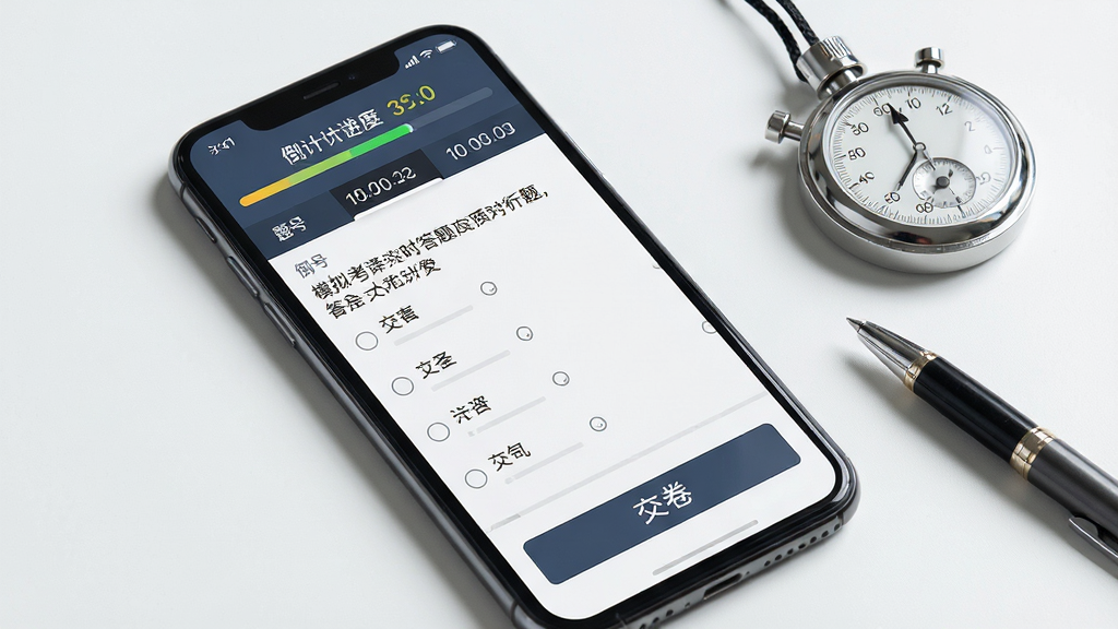 一张展示模拟考试计时答题场景的图片,画面中手机横屏显示答题界面,顶部有倒计时进度条和题号导航,中间为选择题题干与选项,底部有“交卷”按钮,手机旁放置一只秒表和一支笔,布局采用斜角俯视构图,风格写实偏商务,细节上突出计时数字与题号高亮状态,画质清晰,背景干净整洁