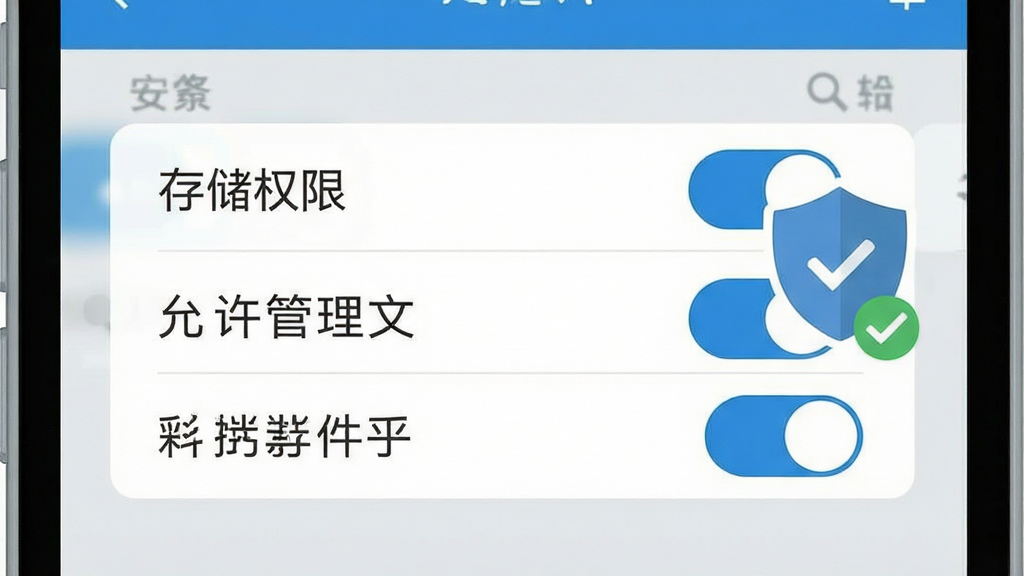一张展示手机安装应用权限设置界面的示意图,画面为手机屏幕特写,屏幕上显示“存储权限”“允许管理文件”等开关选项,旁边配有一个盾牌图标和勾选标记,布局采用居中突出主体,风格扁平化设计,色彩以蓝白灰为主,细节上强调权限开关的开启状态,画质干净清晰,无多余装饰