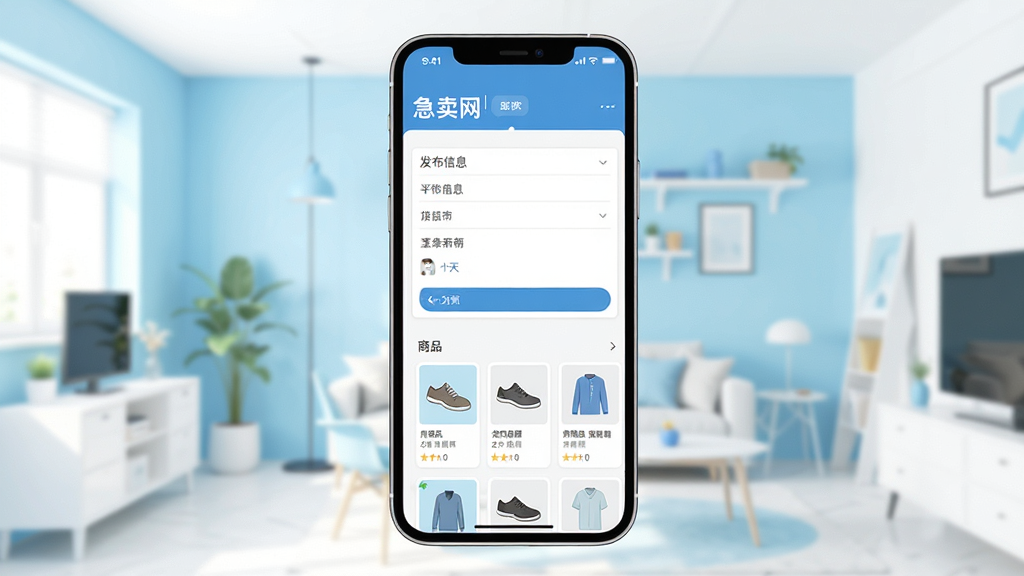 急卖网应用主界面展示,画面中央是手机屏幕,屏幕上显示简洁的发布信息表单和商品列表,背景为明亮的室内环境,浅蓝色和白色为主色调,扁平化设计风格,细节清晰,画质干净,无多余元素