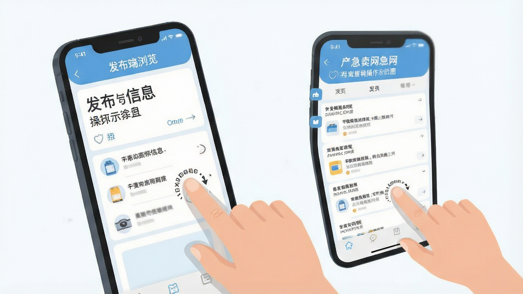急卖网移动端操作示意图,画面展示手机屏幕上发布信息与浏览列表的操作步骤,手指点击屏幕的细节清晰,背景简洁明亮,扁平化插画风格,画质干净,无多余元素