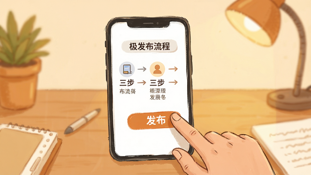 急卖网极速发布功能展示,画面中一只手正在点击手机屏幕上的发布按钮,屏幕显示简化的三步发布流程,背景为暖色调的桌面环境,插画风格,细节清晰,画质干净,无多余元素