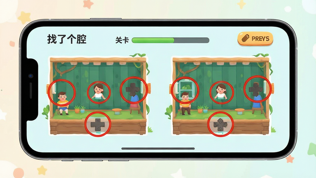 主体为一款手机横屏展示休闲找茬游戏界面,画面中左右并排两张相似场景图,用红色圆圈标注出三处差异位置,布局上手机居中放置于柔和浅色背景中,排版突出游戏界面与找茬标注元素,风格为清新明快的扁平插画风,细节包括界面顶部显示“找了个茬”文字标题、关卡进度条与提示按钮,画面元素干净整洁无多余装饰,画质清晰锐利,整体干净无杂乱元素