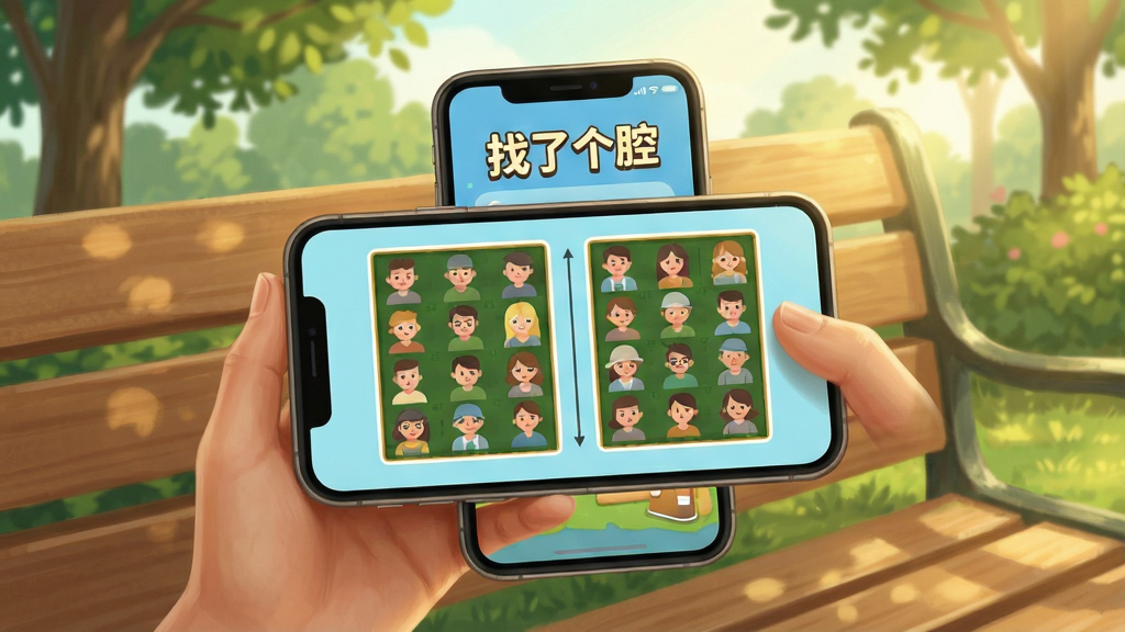 主体为一只手拿着手机在户外长椅上悠闲游玩找茬游戏,布局上手机屏幕占据画面视觉中心,排版简洁突出人物与设备,风格为温暖写实的插画风,细节包括手机屏幕显示左右对比的找茬画面、顶部有“找了个茬”游戏名称、背景为公园绿植与柔和阳光,画质细腻,整体干净无多余装饰
