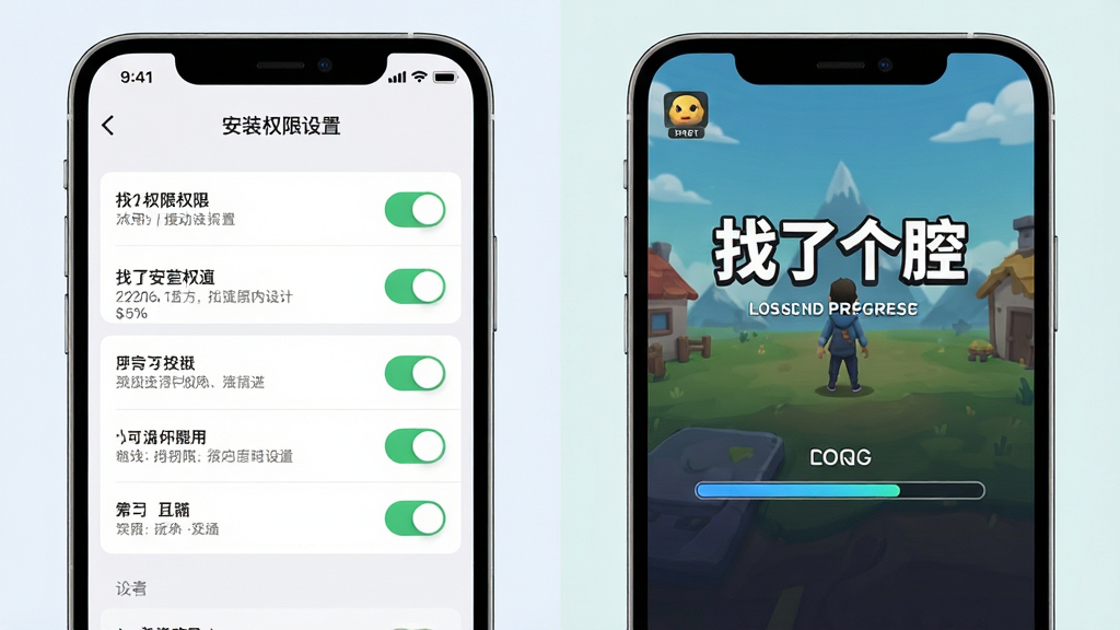 主体为手机屏幕展示应用安装权限设置界面与游戏启动画面并列,布局为左右分栏对比展示,排版清晰直观,风格为简洁科技风,细节包括左侧显示权限开关列表、右侧显示“找了个茬”游戏加载界面与进度条,画面色调清爽,画质清晰,整体干净无多余元素