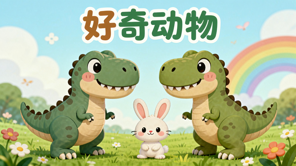 画面主体为一只卡通霸王龙和一只卡通小兔子站在草地上,布局采用左右对称构图,排版上软件名称“好奇动物”以圆润字体出现在画面顶部中央,风格为清新可爱的儿童绘本风,细节包括草地上的小花、远处的彩虹、动物友善的表情,画质柔和明亮,干净无杂乱元素
