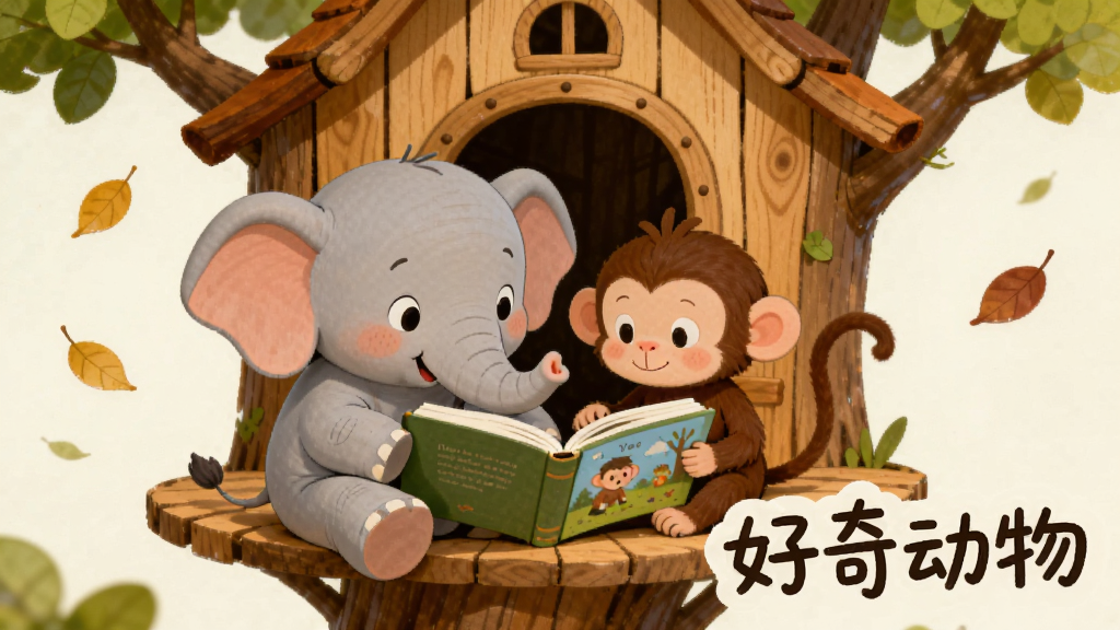 画面主体为一只卡通小象和一只卡通小猴子坐在树屋前看故事书,布局采用三角形构图,排版上“好奇动物”字样以手写体风格出现在画面右下角,风格为温暖治愈的童话插画风,细节包括树屋的木质纹理、飘落的树叶、动物专注的神情,画质细腻柔和,背景干净