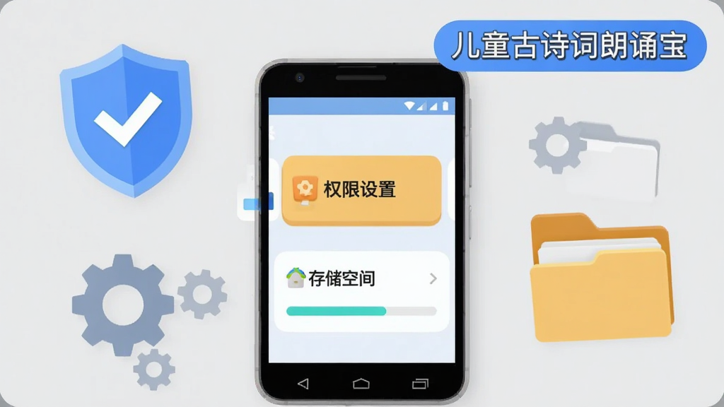 ��������Ϊһ��ƽ�ŵİ�׿�ֻ����ֻ���Ļ��ʾ��Ȩ�����á��͡��洢�ռ䡱������ͨѡ����ֻ���ΧƯ���Ŷ��ơ����ֺ��ļ���ͼ�꣬����Ϊ���ӽǶȡ��ֻ����У����Ͻ���Բ�Ǳ�ǩд����ͯ��ʫ�����б��������Ϊ��ƽ���Ƽ��廭��ϸ�ڰ��������ϵĶԹ����ļ��еĲ�θС���Ļ�ڵĽ����������ʸ���ɾ����޶���Ԫ�أ�����Ϊǳ��ɫ��