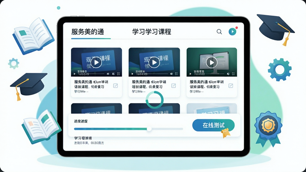����������һ������ƽ�������ʾ����������ͨ����ѵѧϰҳ�棬ҳ���а�����Ƶ�γ̷��桢�����������߲��԰�ť������Ϊƽ����У���ΧƯ�����鱾����ҵñ�����ͼ����Ϊװ�Σ��Ű��Ͽγ̿�Ƭ�������룬�������������Ϊ���½����Ƽ��廭�磬ɫ�������̴����ɫΪ����ϸ����ͻ��ѧϰ���Ȼ�����֤���£����ʸ��壬����ɾ����޶���Ԫ��