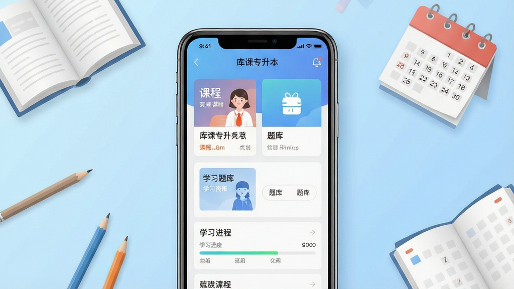 一张竖版手机应用界面展示图,画面中央是一部智能手机,屏幕内呈现“库课专升本”学习软件首页,包含课程卡片、题库入口、学习进度条等模块,背景为浅蓝色渐变,周围点缀书本、铅笔、日历等学习元素,整体风格清新简洁,排版规整,画质清晰干净,无多余杂乱元素