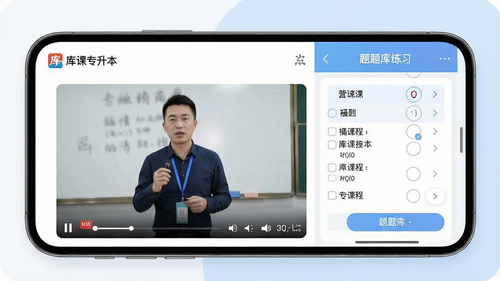 一张手机屏幕特写图,画面中显示“库课专升本”软件的视频课程播放界面与右侧题库练习面板并列排布,左侧为老师讲课画面,右侧为选择题答题卡,整体布局清晰对称,背景为柔和白色与淡蓝色,风格现代简约,画质干净清晰