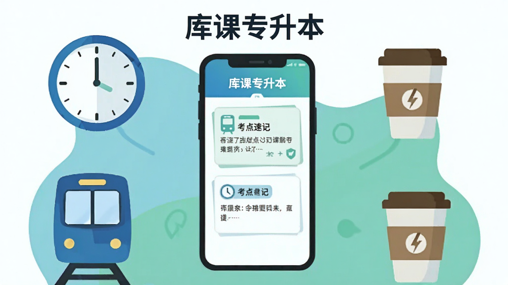 一张扁平化插画风格图,画面展示“库课专升本”学习场景,中央为一部手机屏幕显示考点速记卡片,四周环绕时钟、地铁、咖啡杯等碎片化时间元素,配色以蓝绿为主,风格轻松明快,排版整洁,画质清晰,无多余装饰