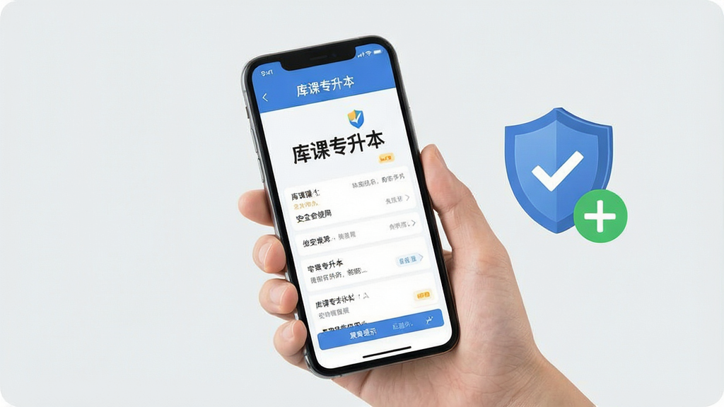 一张手机使用场景示意图,画面中一只手握持手机,屏幕显示“库课专升本”学习界面,旁边配有盾牌图标与对勾标记,背景为浅灰色,风格简洁商务,排版清晰,画质干净,突出安全使用与操作提示主题