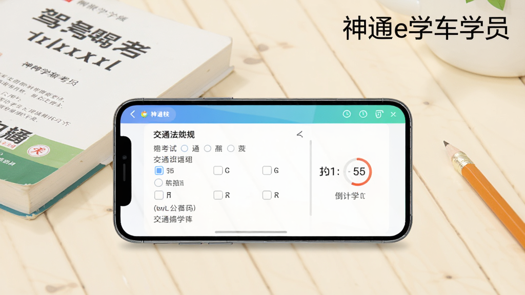 ������һ���ֻ�����չʾģ�⿼�Խ��棬��Ļ���н�ͨ����ѡ����͵���ʱ�����ֻ��Ա߰ڷ��żݿ��̲ĺ�Ǧ�ʣ�����Ϊǳɫ�����������������ϽǱ�ע����ͨeѧ��ѧԱ�����֣��廭����������������־��У�ϸ�ڷḻ�����������ɾ�