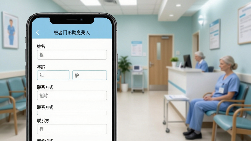 一张表现门诊助手患者登记功能的界面截图风格图,画面主体为手机屏幕,屏幕中显示患者信息录入表单,包含姓名、年龄、联系方式等输入框,表单布局整齐,配色以白色与浅蓝为主,背景为虚化的诊所候诊区,风格清爽现代,画质清晰,无多余元素