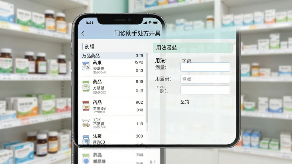 一张展示门诊助手处方开具界面的示意图,手机屏幕中呈现处方编辑页面,左侧为药品列表,右侧为用法用量填写区域,界面元素排列有序,配色柔和,背景为药房货架虚化场景,整体风格专业干净,画质细腻,无多余元素