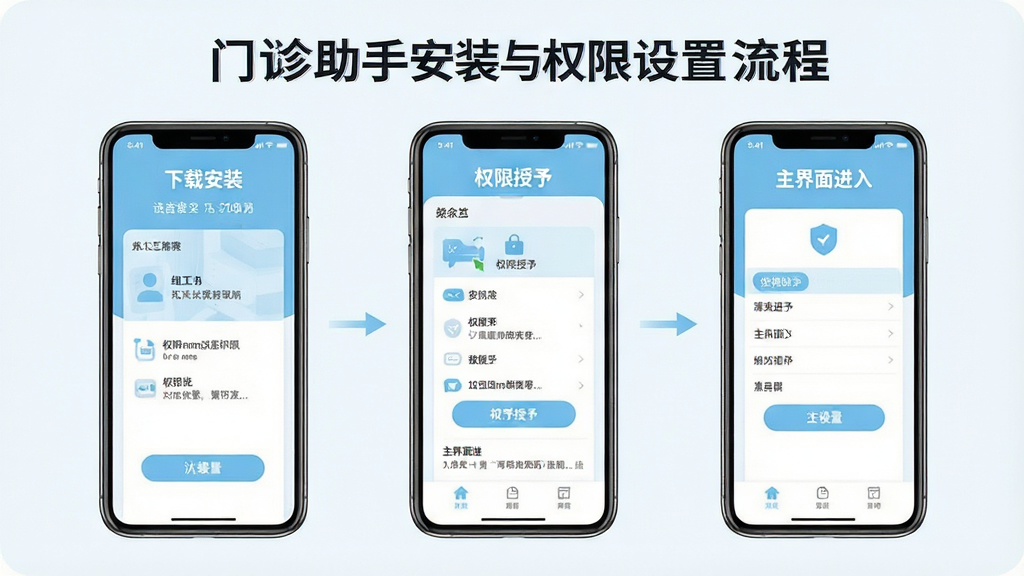 一张展示门诊助手安装与权限设置流程的示意图,画面分为三个手机屏幕并列排布,分别显示下载安装、权限授予、主界面进入三个步骤,界面简洁明了,配色统一为浅蓝与白色,背景干净,风格教程化,画质清晰,无多余元素