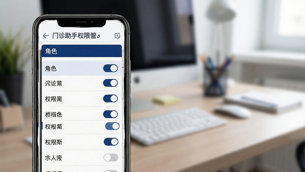 一张展示门诊助手权限管理界面的示意图,手机屏幕中呈现角色列表与权限开关选项,界面层级分明,配色以白色和深蓝为主,背景为办公室桌面虚化场景,风格严谨专业,画质干净,无多余元素