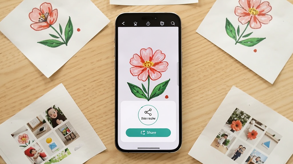 一张手机画板绘画软件作品保存分享场景图,画面中一部手机屏幕显示完成的花朵画作,屏幕下方弹出保存成功和分享按钮的提示框,手机旁边散落着几张打印出来的小画作,整体布局以手机为中心呈放射状摆放,风格温馨生活化,细节上突出分享按钮图标和相册缩略图,画质清晰,画面干净无多余元素,背景为浅木色桌面