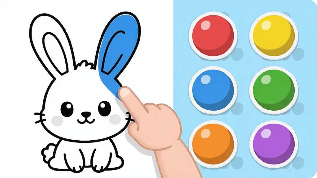 ������ɫ��԰Ϳɫ������棬�������չʾһֻ��ͨС���������߸壬�Ҳ����к�����̳���������ɫԲ��ť��һֻ��ͯС�����ڵ�ѡ��ɫΪ���Ӷ�����ɫ���������ҷ���������������Ϳ�ͨ���ϸ��Բ��ɰ������廭�ʸɾ��޶���Ԫ��