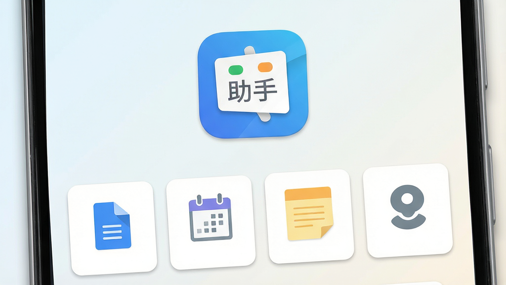 一张展示安卓手机主界面的产品示意图,画面中央是简洁的办公助手应用图标,图标下方排列文档、日程、便签、提醒四个功能卡片,背景为干净的浅色渐变,风格清爽现代,细节包含手机边框与轻微投影,画质清晰干净,无多余元素
