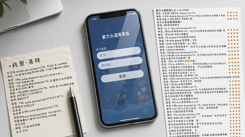 画面主体是一部手机屏幕特写,屏幕显示“姜力头道商家版”安装完成后的登录界面,界面中有账号输入框与登录按钮;手机旁边摆放一张写有操作步骤的便签纸与一支笔,背景为浅灰色桌面;布局为手机居中,便签纸位于左下角;风格为清爽办公风,细节上屏幕反光自然、便签纸文字为示意线条;画质高清,画面干净,无多余元素。</p><h3>精选同类应用</h3><table style=