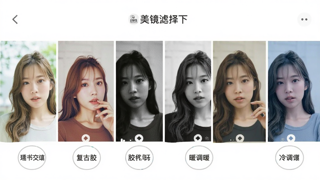 美美滤镜照相机滤镜选择界面截图风格,画面中并排展示六张同一人物照片,分别应用清新、复古、胶片、黑白、暖调、冷调六种滤镜效果,每张照片下方标注滤镜名称;整体排版整齐,背景为白色,风格清爽,细节清晰,画质干净
