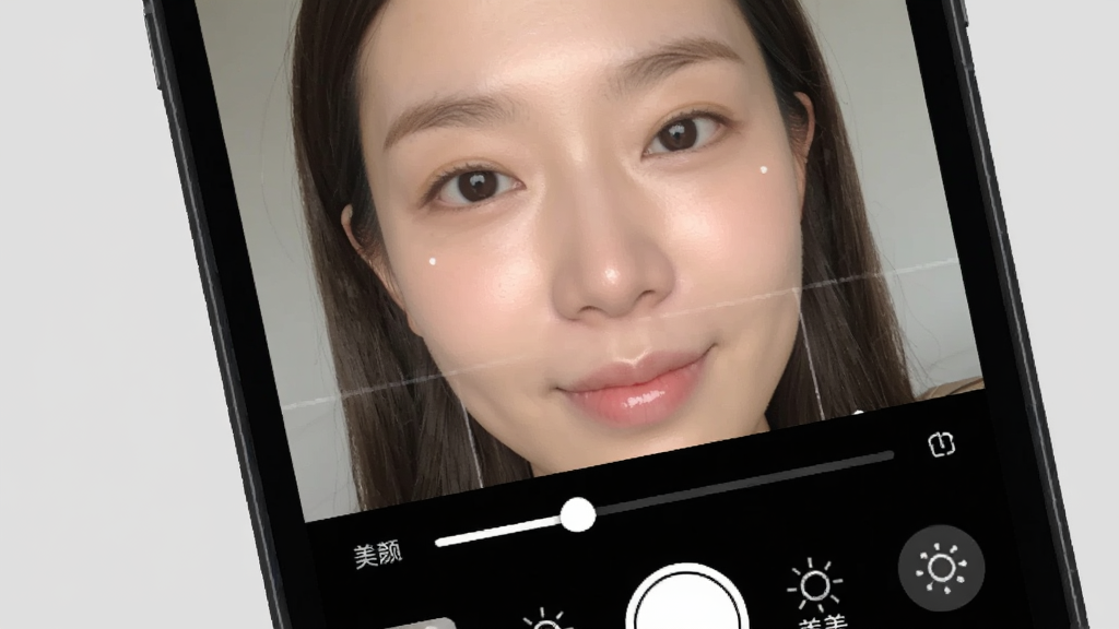 手机屏幕特写,显示美美滤镜照相机的实时美颜预览界面,画面中人物面部带有柔和磨皮与提亮效果,屏幕下方有美颜强度滑块与多个美颜选项图标;背景为纯色浅灰,光线均匀,风格简洁现代,细节清晰,画质干净