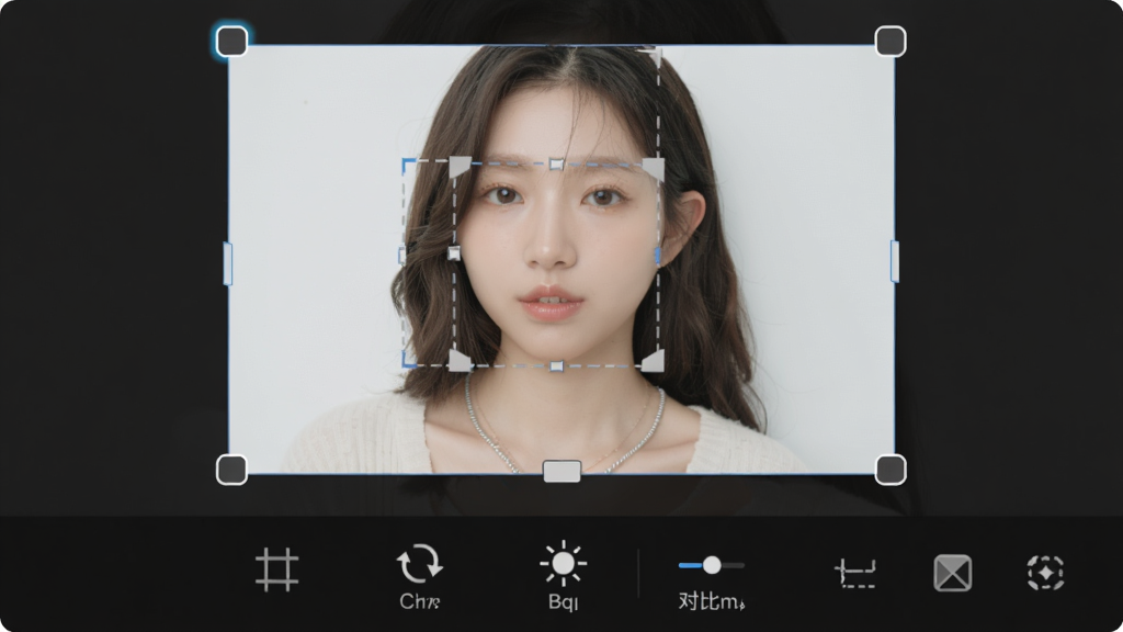 美美滤镜照相机照片编辑界面,画面中一张人像照片处于裁剪调整状态,屏幕下方排列裁剪、旋转、亮度、对比度等工具图标;背景为深灰色,界面元素高亮清晰,风格简洁,画质干净