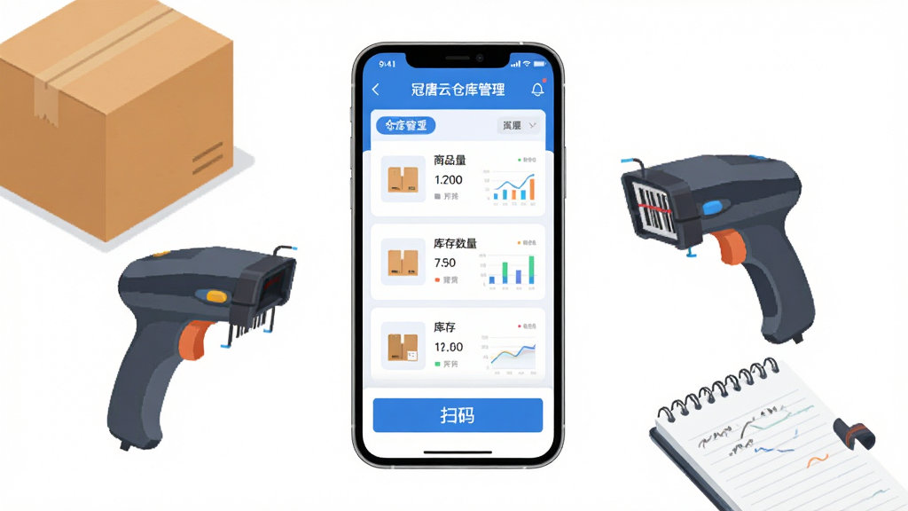 画面主体是一部智能手机竖屏展示仓库管理应用界面,界面中包含商品列表、库存数量与扫码按钮等模块,手机旁摆放着纸箱、扫码枪与记事本等仓储元素,布局采用中心构图手机居中、四周元素环绕,排版干净留白充足,风格为现代扁平化科技插画,细节上突出界面中的“冠唐云仓库管理”文字标识与数据图表,画质清晰锐利、色彩明快、背景纯净无多余杂物