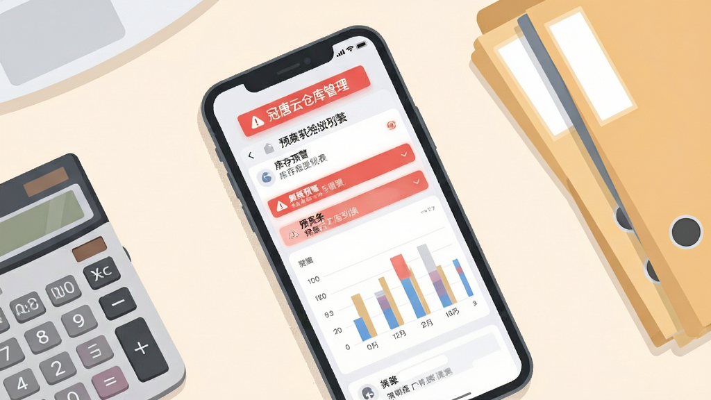 画面主体为手机屏幕展示“冠唐云仓库管理”的库存预警列表与柱状统计图表,屏幕上方有红色提醒标识,手机放置在办公桌面上,旁边散落着计算器与文件夹,布局采用俯视视角桌面平铺构图,风格为清爽扁平化UI展示插画,细节上突出预警条目的红色高亮与图表数据层次,画质干净锐利、色彩柔和、无多余装饰元素