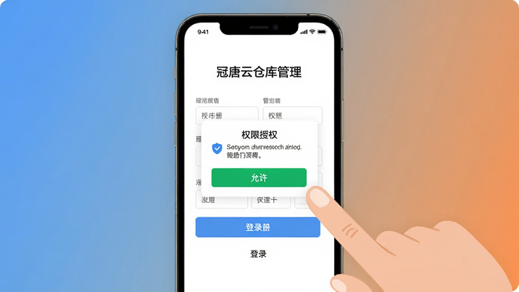 画面主体为一部手机展示“冠唐云仓库管理”的登录注册界面与权限授权弹窗,手机旁有手指点击屏幕的动作示意,布局采用中心特写构图突出屏幕内容,风格为简洁扁平化操作指引插画,细节上突出权限弹窗的允许按钮与登录表单字段,画质清晰干净、背景为纯色渐变无多余元素