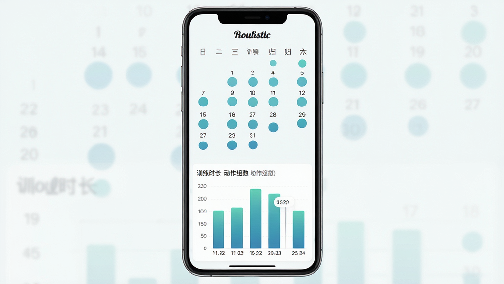手机屏幕展示Roulistic训练数据归档页面,日历视图上标注了多个训练日期圆点,下方列出训练时长和动作组数的统计条形图;布局为竖屏上下结构,上方日历下方图表;风格为清爽的数据面板设计,浅色背景配蓝绿色图表;细节上条形图有渐变填充,日期圆点大小一致排列整齐;画质高清,画面干净,无多余元素,页面顶部有